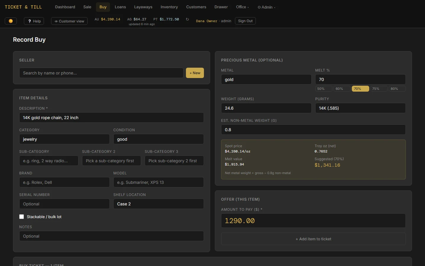 Recording a gold buy: the day's spot price, 14K purity, stone weight deducted and a suggested offer at 70% of melt
